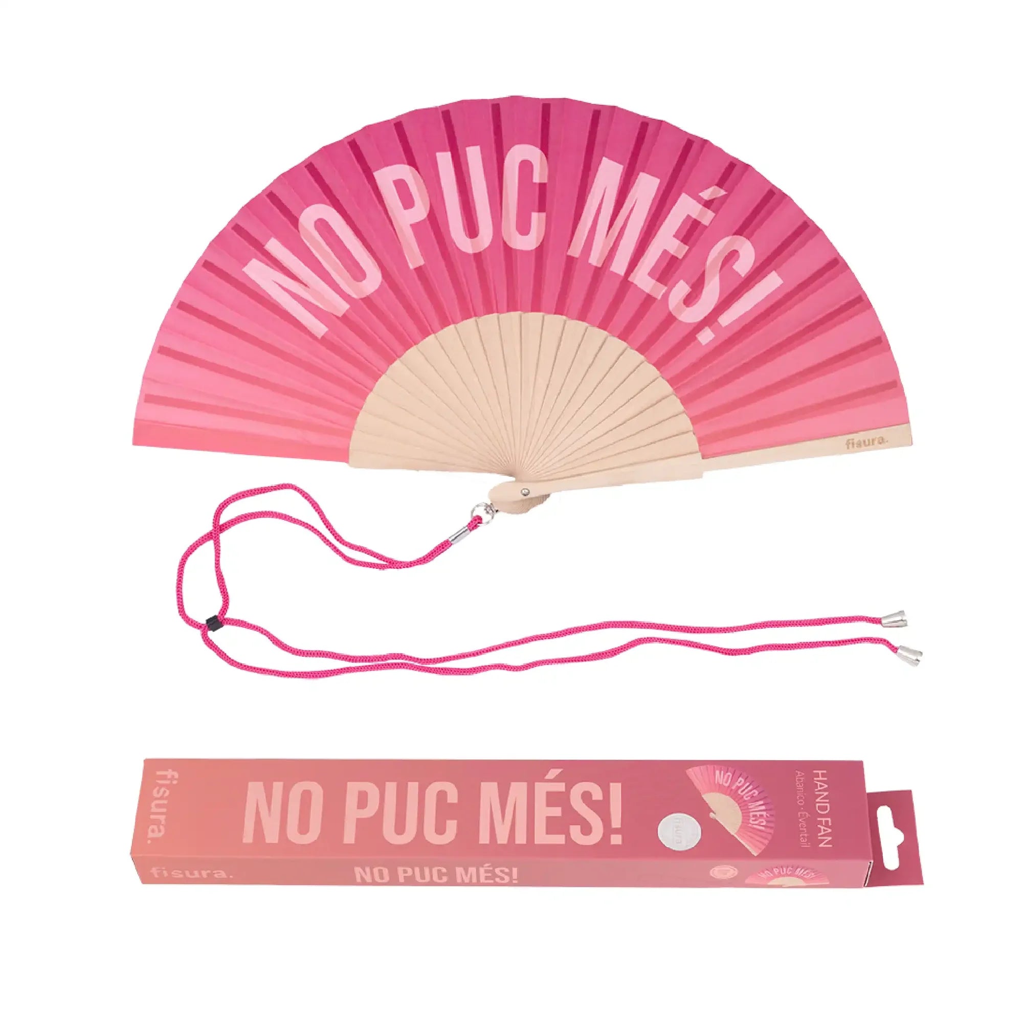 Abanico “No puc més!” – Rosa degradado con mensaje multicolor