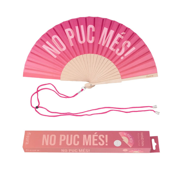 Abanico “No puc més!” – Rosa degradado con mensaje multicolor
