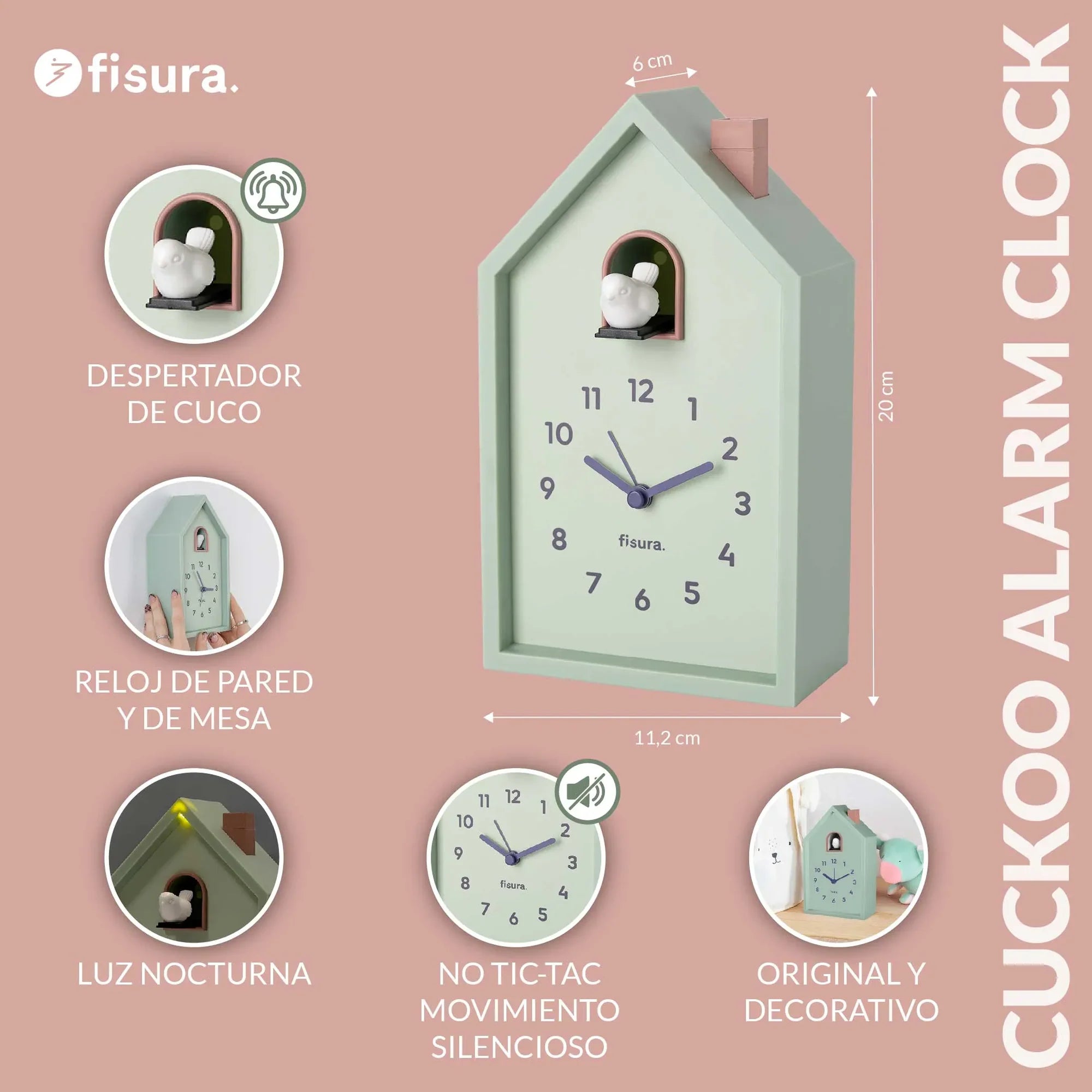 Reloj despertador cuco casita - menta